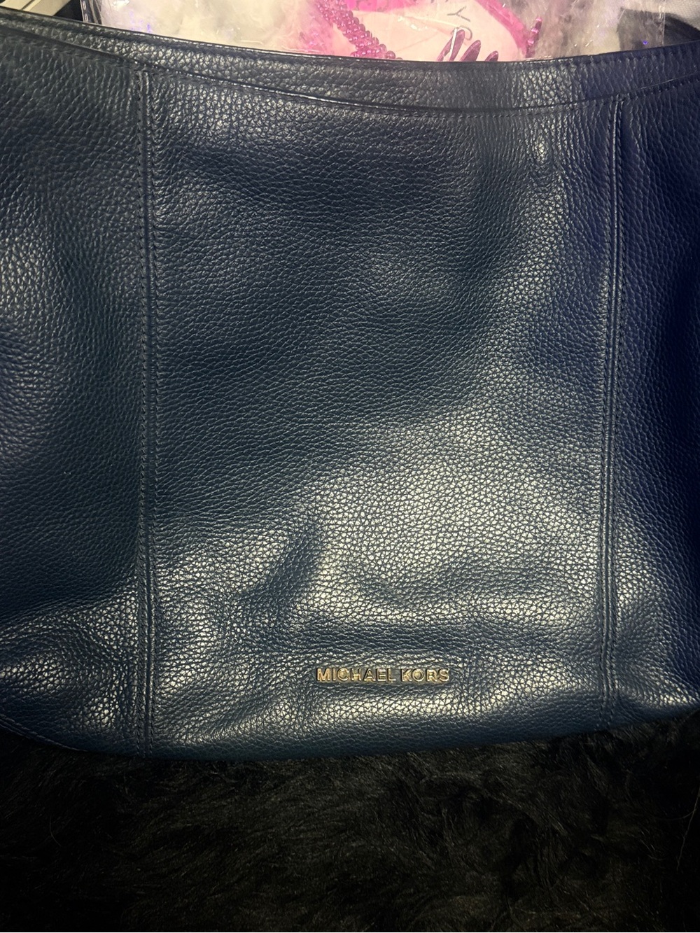 Michael Kors Dark Navy Pebbled Leather Shoulder Bag with Gold Hardware